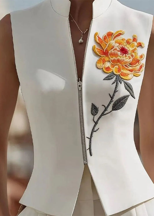 2026 New White Stand Up Collar Zipper Rose Embroidered Vest