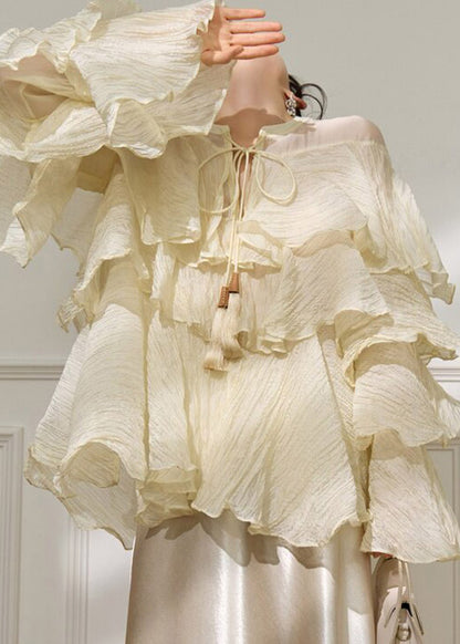 2026 New Yellow Ruffled Patchwork Tie Lace Shirt Spring