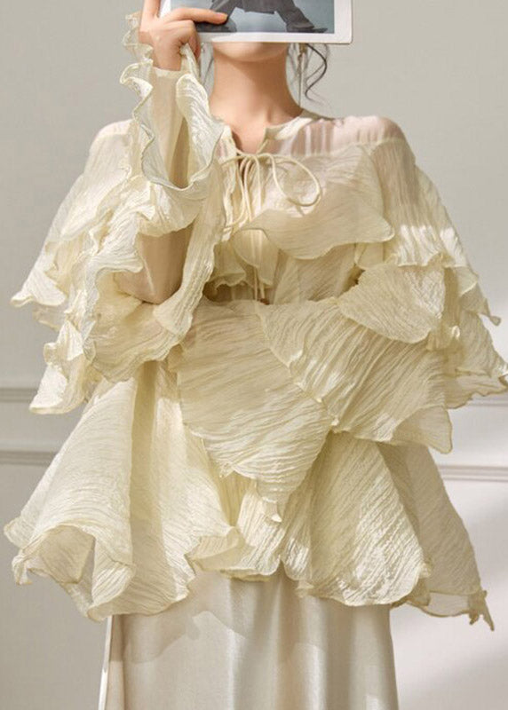 2026 New Yellow Ruffled Patchwork Tie Lace Shirt Spring