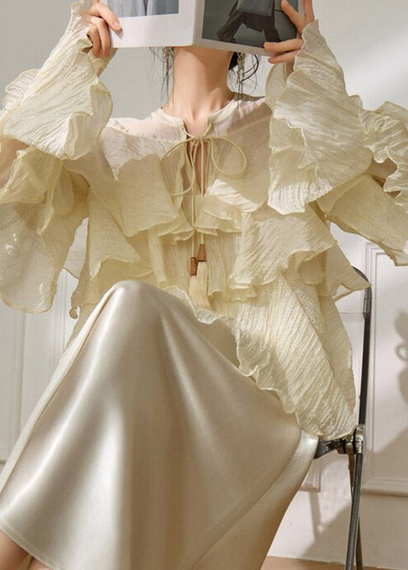 2026 New Yellow Ruffled Patchwork Tie Lace Shirt Spring