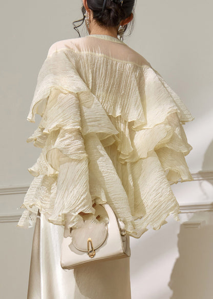 2026 New Yellow Ruffled Patchwork Tie Lace Shirt Spring