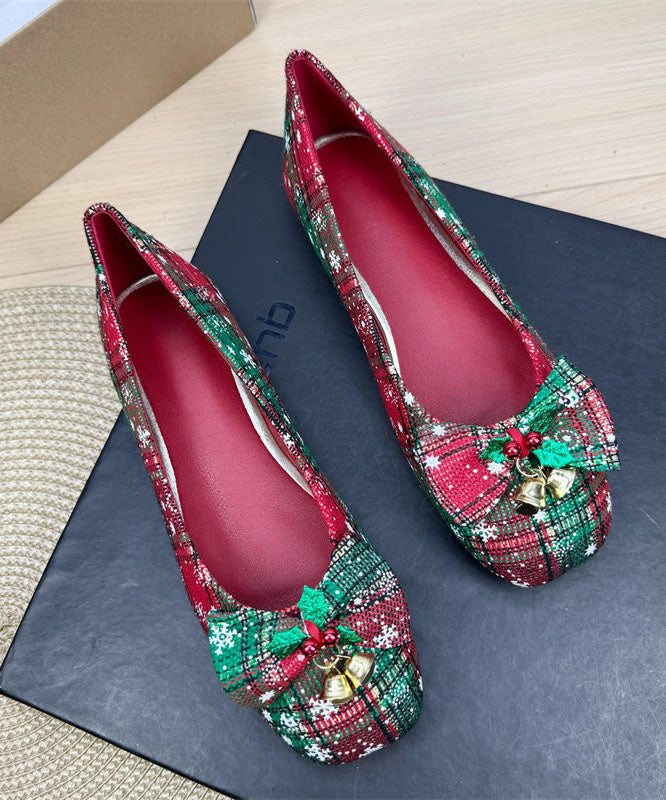 2026 Red Flat Shoes Snowflake Bell Bow Square Toe