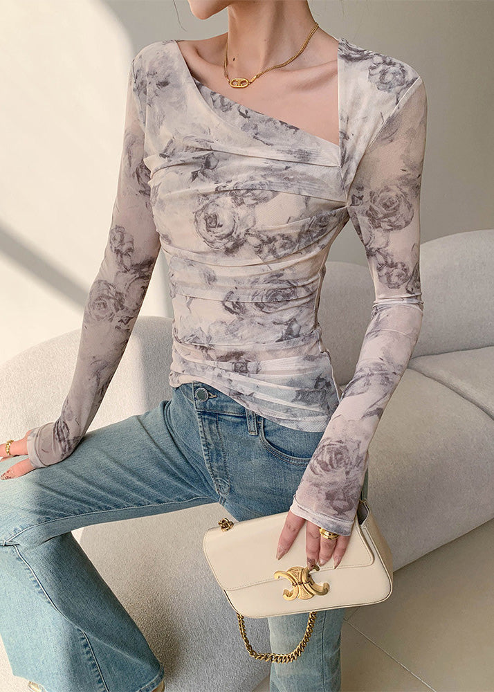 2026 Slim Sloping Shoulder Printed Long Sleeved T-Shirt Top