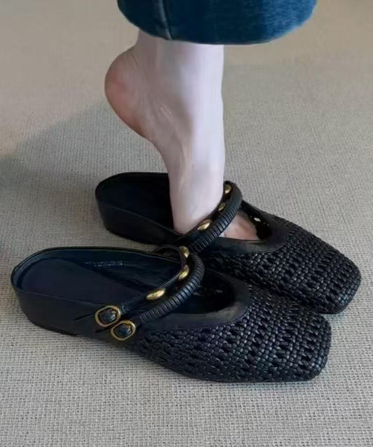 2026 Splicing Black Faux Leather Hollow Out Slide Sandals