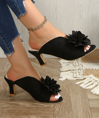2026 Splicing Floral High Heel Slide Sandals Black Suede