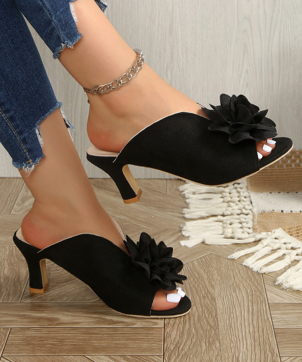 2026 Splicing Floral High Heel Slide Sandals Black Suede