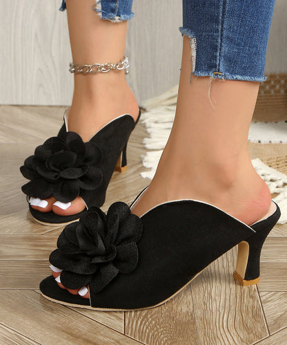 2026 Splicing Floral High Heel Slide Sandals Black Suede