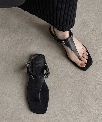 2026 Stylish Splicing Thong Sandals Black Cowhide Leather