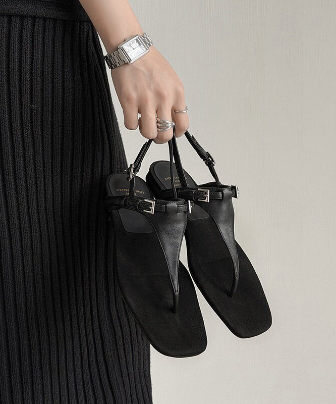 2026 Stylish Splicing Thong Sandals Black Cowhide Leather