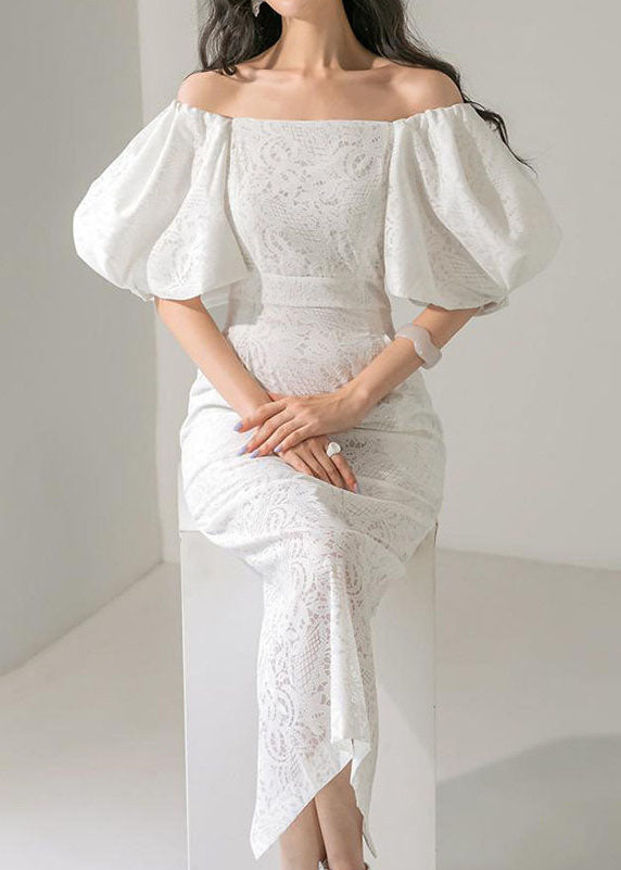 2026 White Slash Neck Off Shoulder Lantern Sleeve Lace Long Dress