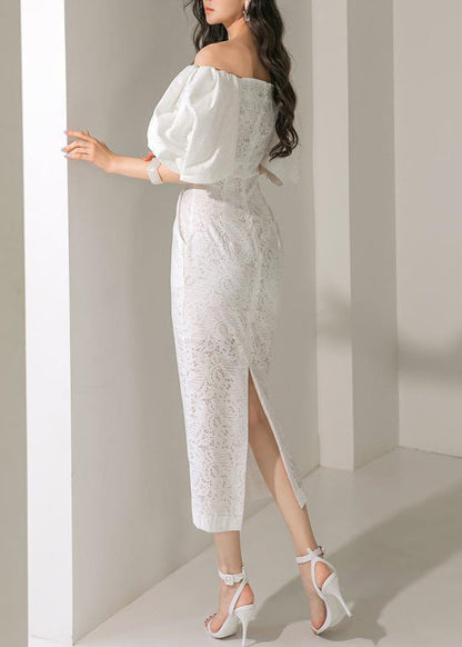 2026 White Slash Neck Off Shoulder Lantern Sleeve Lace Long Dress