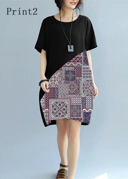 fine black -print1 patchwork linen shift dress Loose fitting cotton clothing dress Elegant short sleeve wild prints knee dresses