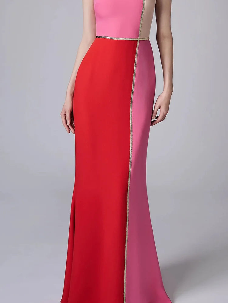 Elegant Color Block Sleeveless Bodycon Mermaid Hem Maxi Dress