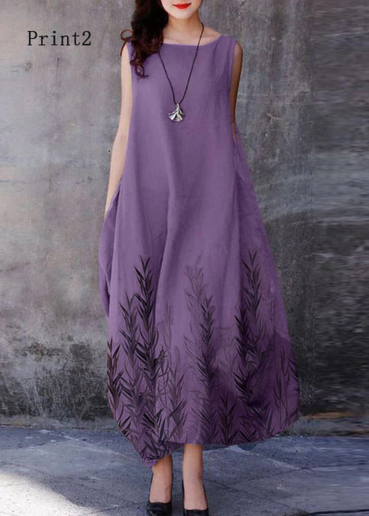 Bohemian Print2 O-Neck Exra Large Hem Cotton Dresses Sleeveless