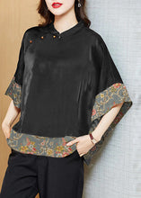 Load image into Gallery viewer, Vintage Black Mandarin Collar Asymmetrical Patchwork Jacquard Silk Shirts Batwing Sleeve