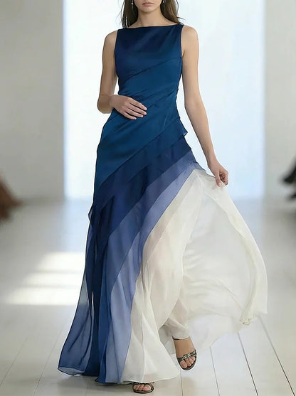 French Black High Waist Patchwork Tulle Maxi Dresses Sleeveless