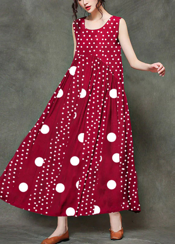 Casual Black polka dots stitching O-Neck Wrinkled Long Dresses Sleeveless