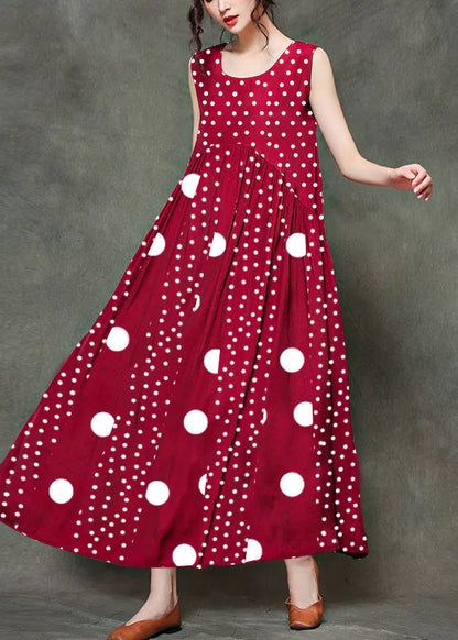 Casual Black polka dots stitching O-Neck Wrinkled Long Dresses Sleeveless