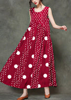 Casual Red polka dot stitching O-Neck Wrinkled Long Dresses Sleeveless