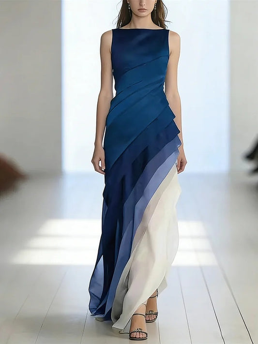 French Black High Waist Patchwork Tulle Maxi Dresses Sleeveless