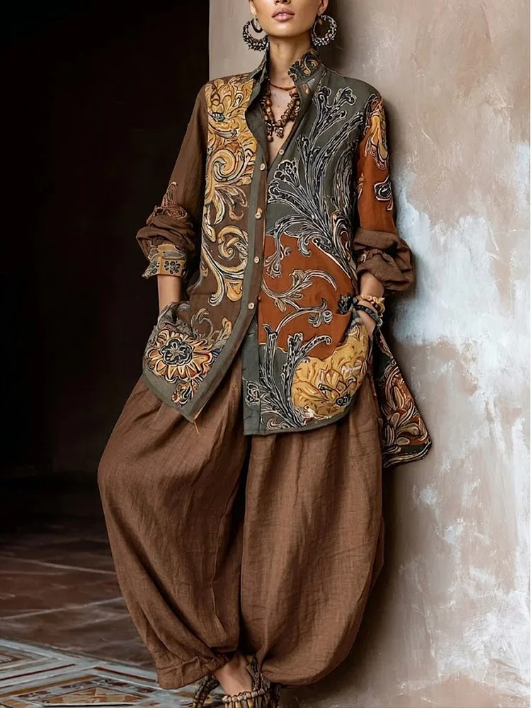 Modern Khaki Peter Pan Collar Oversized Print Cotton Two Pieces Set Long Sleeve