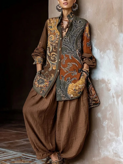 Modern Khaki Peter Pan Collar Oversized Print Cotton Two Pieces Set Long Sleeve