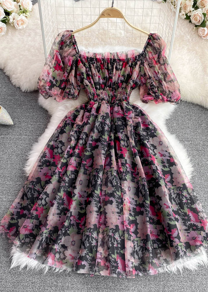 Grace Black Square Collar Print Tulle Patchwork Tunic Mid Dress Short Sleeve