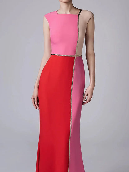 Elegant Color Block Sleeveless Bodycon Mermaid Hem Maxi Dress