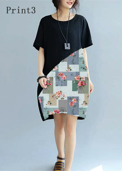 fine black -print1 patchwork linen shift dress Loose fitting cotton clothing dress Elegant short sleeve wild prints knee dresses