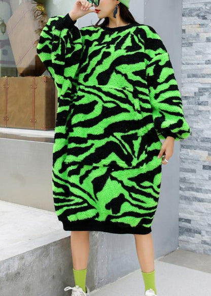 Comfy O Neck Thick Sweater Dress Outfit Plus Size Green Striped Knitwear Dress - SooLinen