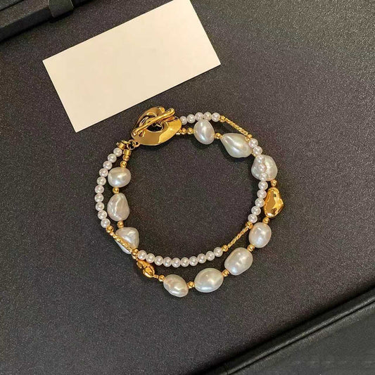 Stylish Gold Copper Overgild Pearl Double Layer Charm Bracelet