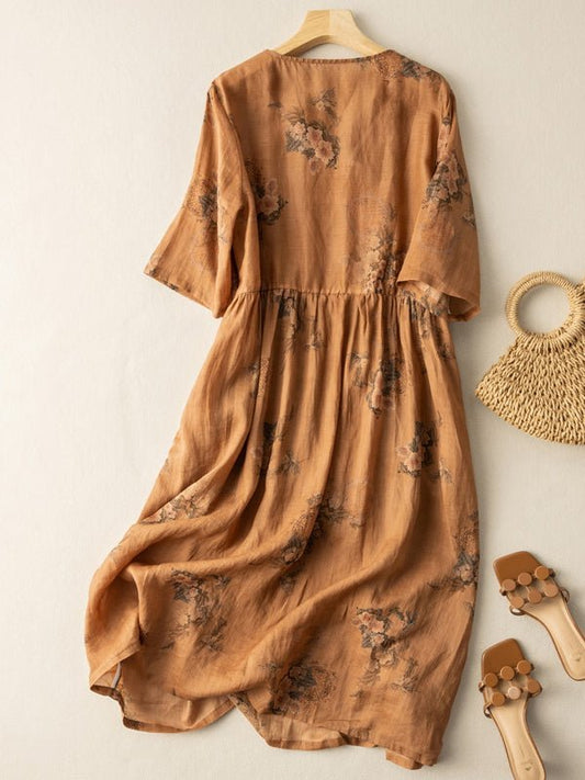 Women's Ramie Retro Flower Print Dress