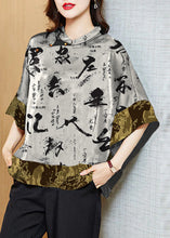 Load image into Gallery viewer, Vintage Black Mandarin Collar Asymmetrical Patchwork Jacquard Silk Shirts Batwing Sleeve