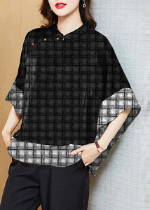 Vintage Black Mandarin Collar Asymmetrical Patchwork Jacquard Silk Shirts Batwing Sleeve