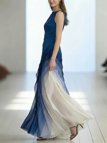 French Black High Waist Patchwork Tulle Maxi Dresses Sleeveless