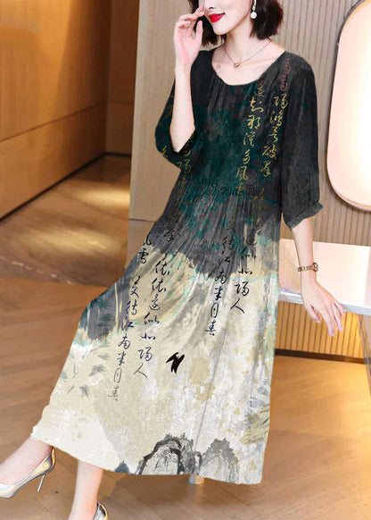 Unique O-Neck Black grey Wrinkled Silk Dresses Long Sleeve