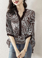 Plus Size Black V Neck Print Button Silk Top Half Sleeve