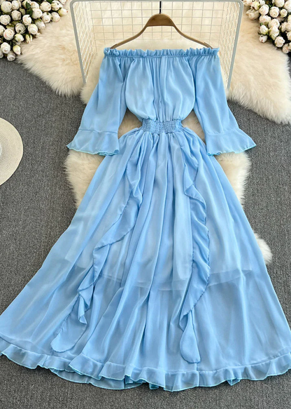 Grace Blue Slash Neck Ruffled Tunic Chiffon Long Dress Half Sleeve