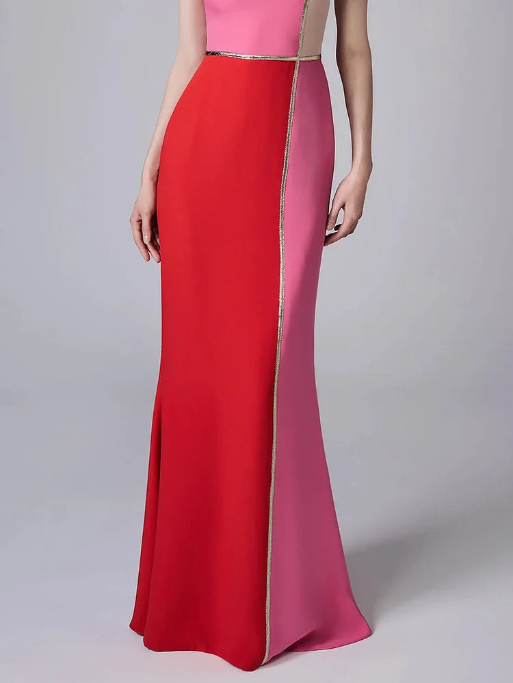 Elegant Color Block Sleeveless Bodycon Mermaid Hem Maxi Dress