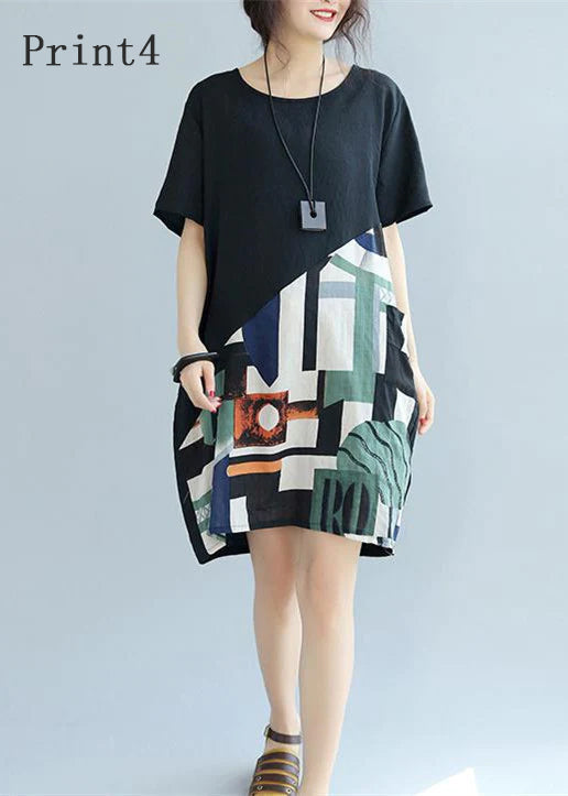 fine black -print3 patchwork linen shift dress Loose fitting cotton clothing dress Elegant short sleeve wild prints knee dresses