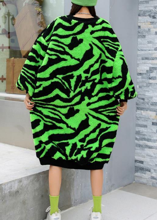 Comfy O Neck Thick Sweater Dress Outfit Plus Size Green Striped Knitwear Dress - SooLinen