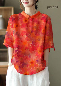 DIY Orange Print Ramie Half Sleeve Shirt Summer