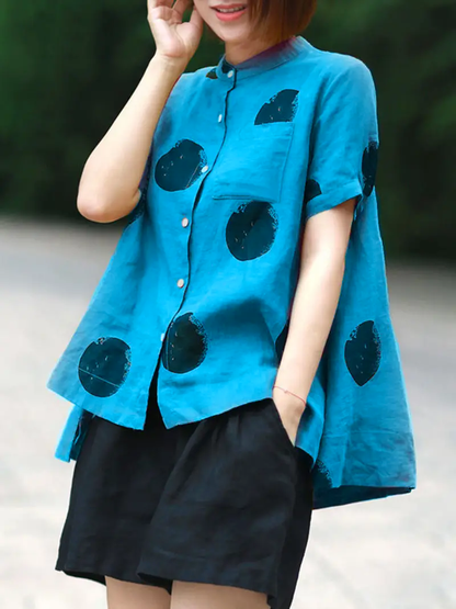 Pink dot Print Patchwork Linen Top Button Stand Collar Summer