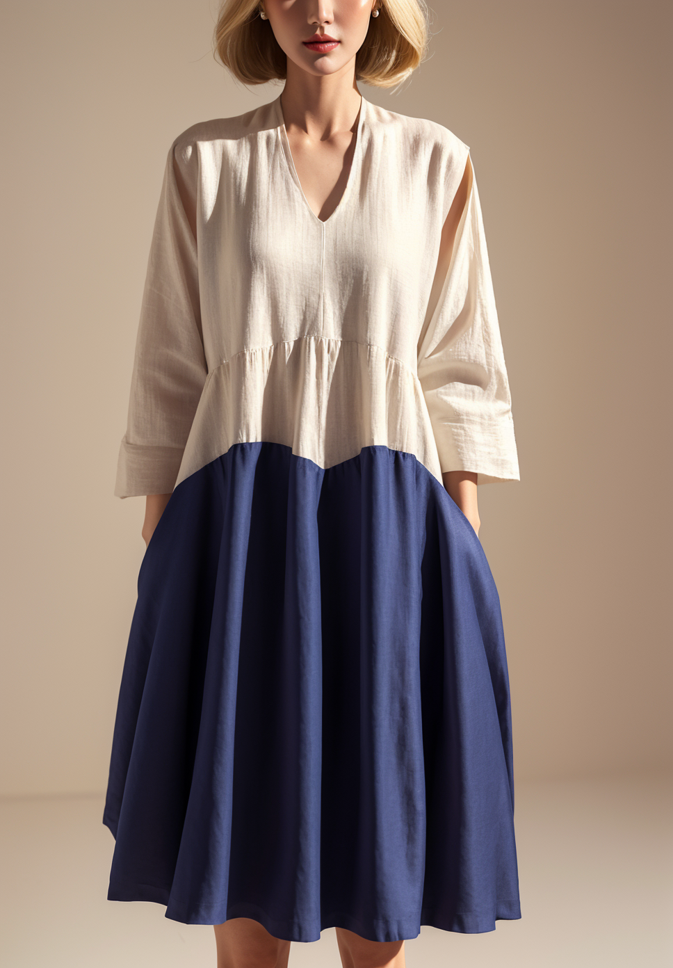 Two tone Linen Loose Dress Summer