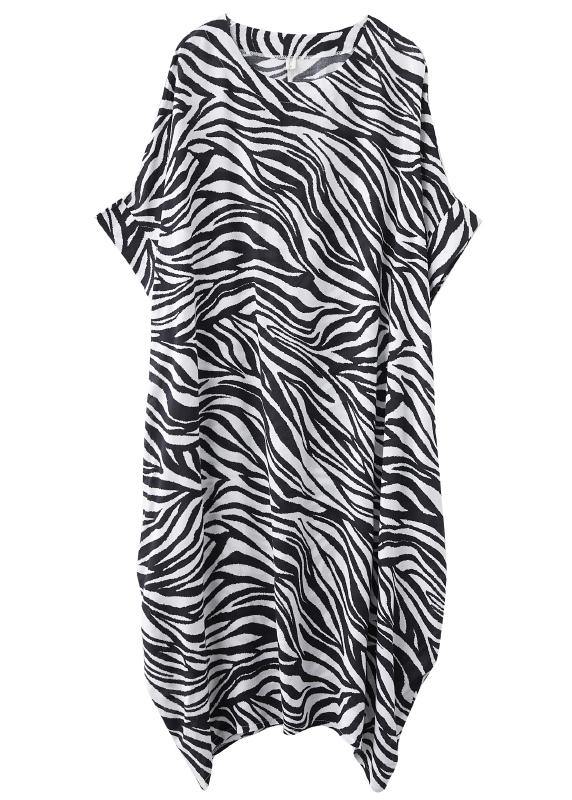 Handmade Black Striped Dress Pattern O Neck Batwing Sleeve Dress - SooLinen