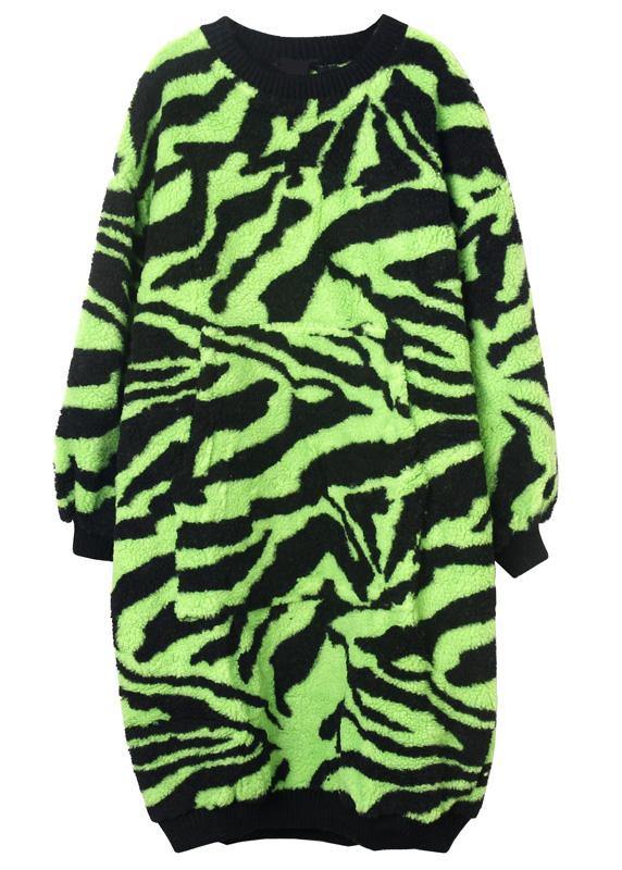 Comfy O Neck Thick Sweater Dress Outfit Plus Size Green Striped Knitwear Dress - SooLinen