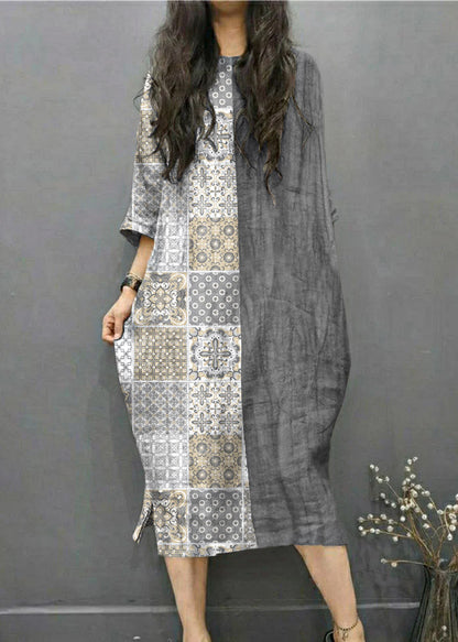 Beautiful Gray geometry O-Neck Wrinkled Side Open Linen Long Dress Batwing Sleeve