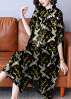 Vintage Stand Collar Print Button Side Open Low High Design Silk Maxi Dresses Half Sleeve