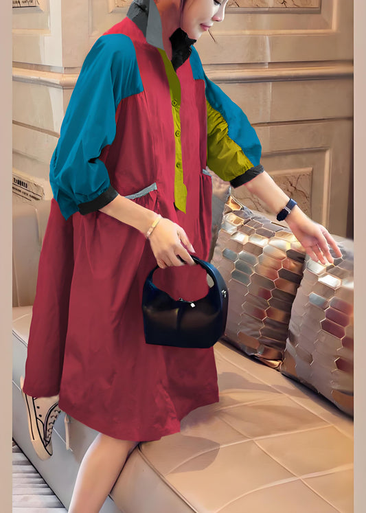 Vintage Red stitching Pockets Button Fall Half Sleeve Shirt dress