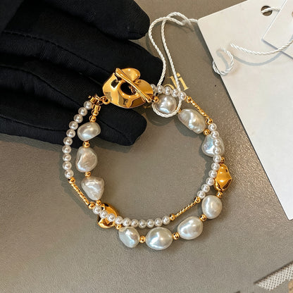 Stylish Gold Copper Overgild Pearl Double Layer Charm Bracelet